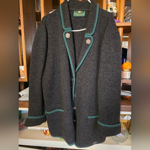Geiss Wein Vintage Dark Gray Wool Jacket with Green Trim - Picture 1 of 5